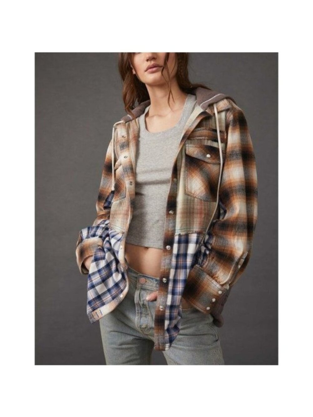 Free People Blue Ridge‎ 100% Cotton Mixed Plaid Hooded Shirt Jacket Size Medium